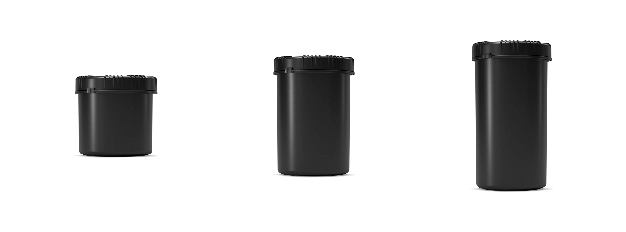 Größenvergleich der schwarzen UV-beständigen Packo Dosen in drei verschiedenen Formaten mit Lichtschutzfunktion