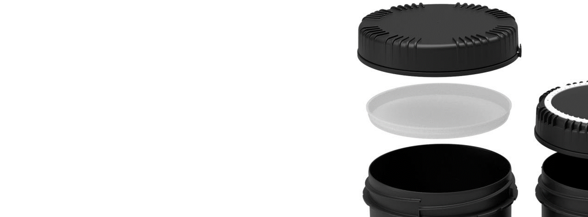 Verschiedene Varianten schwarzer UV-beständiger Packo Dosen in unterschiedlichen Formen und Größen für Lichtschutz