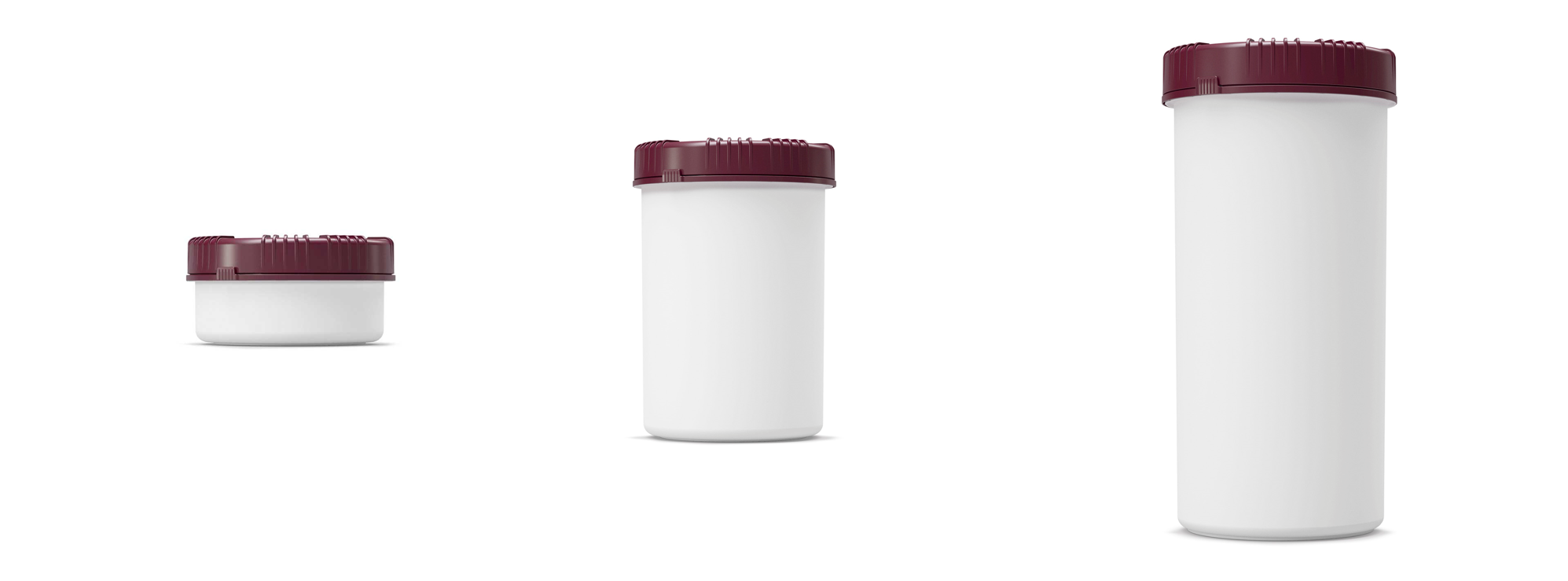 Größenvergleich der weißen Packo Dosen mit bordeauxroten Deckeln in drei verschiedenen Formaten