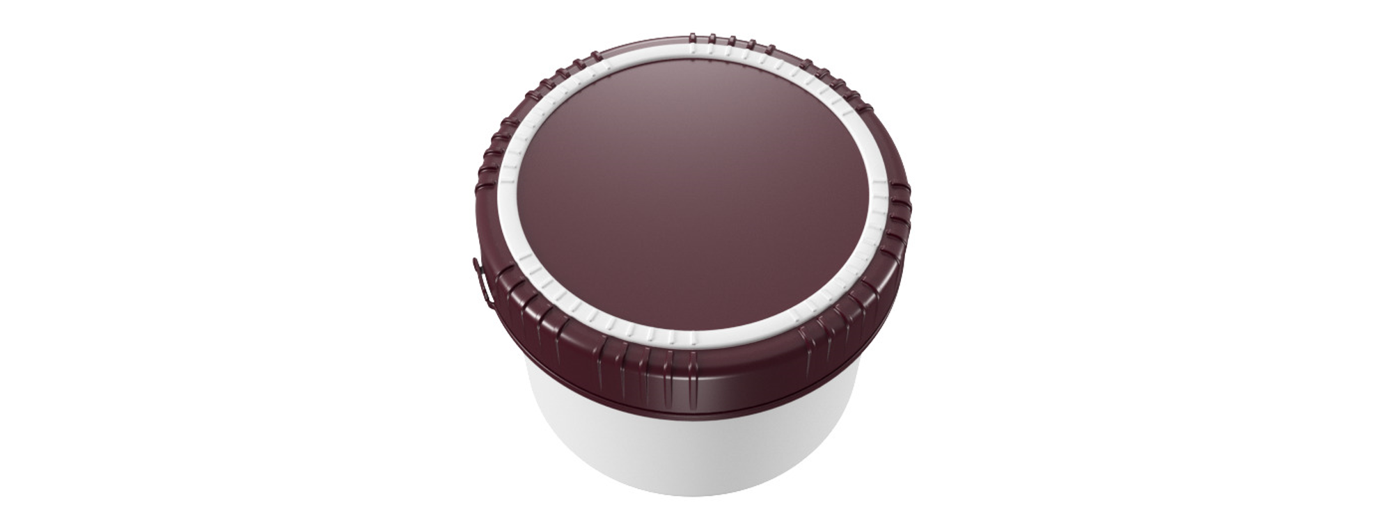 Schrägansicht einer Packo Dose mit bordeauxrotem Schraubdeckel und ergonomischem Design