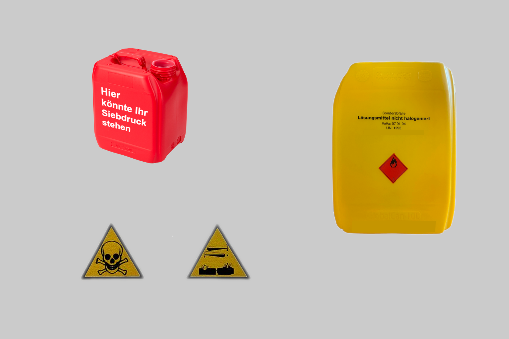 Screen Printing Finishing for Plastic Packaging by Müller Plastics Overview of different colored canisters with high-quality screen printing finish with safety instructions