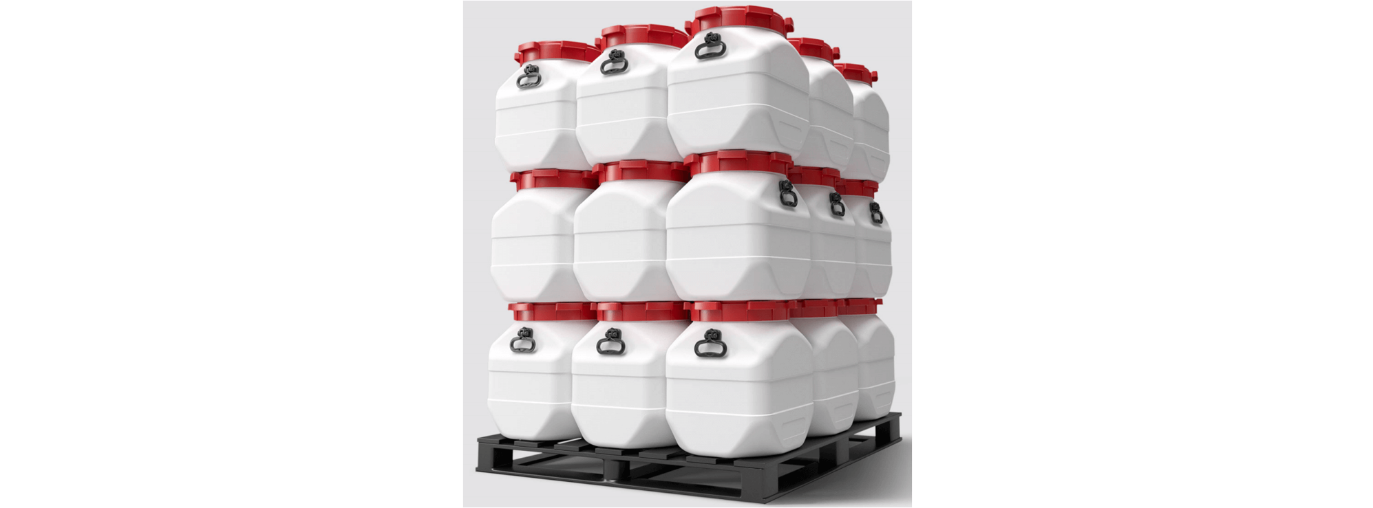 Demonstration der effizienten Palettierung weißer viereckiger HDPE-Fässer mit rotem Deckel für maximale Flächenausnutzung