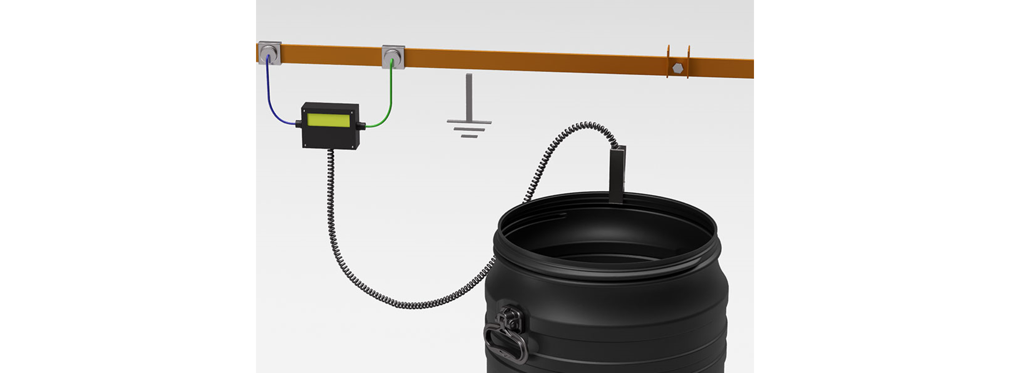 Detailansicht einer Leitfähigkeitsmessung an einem schwarzen antistatischen HDPE-Fass zur Qualitätssicherung