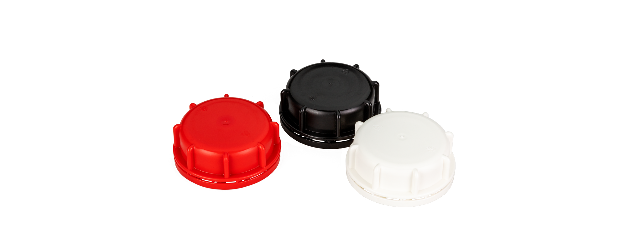 61mm closures in red and black for wide neck containers with various sealing elements and security features