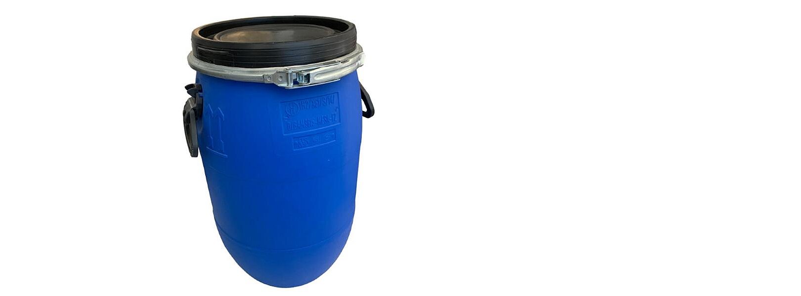 Blaues HDPE-Deckelfass mit stabilem Spannring-Verschluss Detailansicht eines blauen HDPE-Deckelfasses mit abnehmbarem Deckel und Spannring-Verschlusssystem