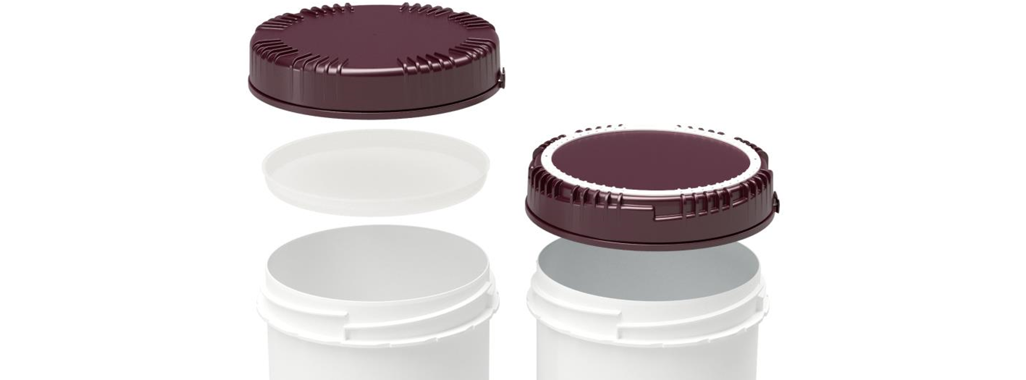Verschiedene Varianten der Packo Dosen mit bordeauxroten Deckeln in unterschiedlichen Formen und Größen
