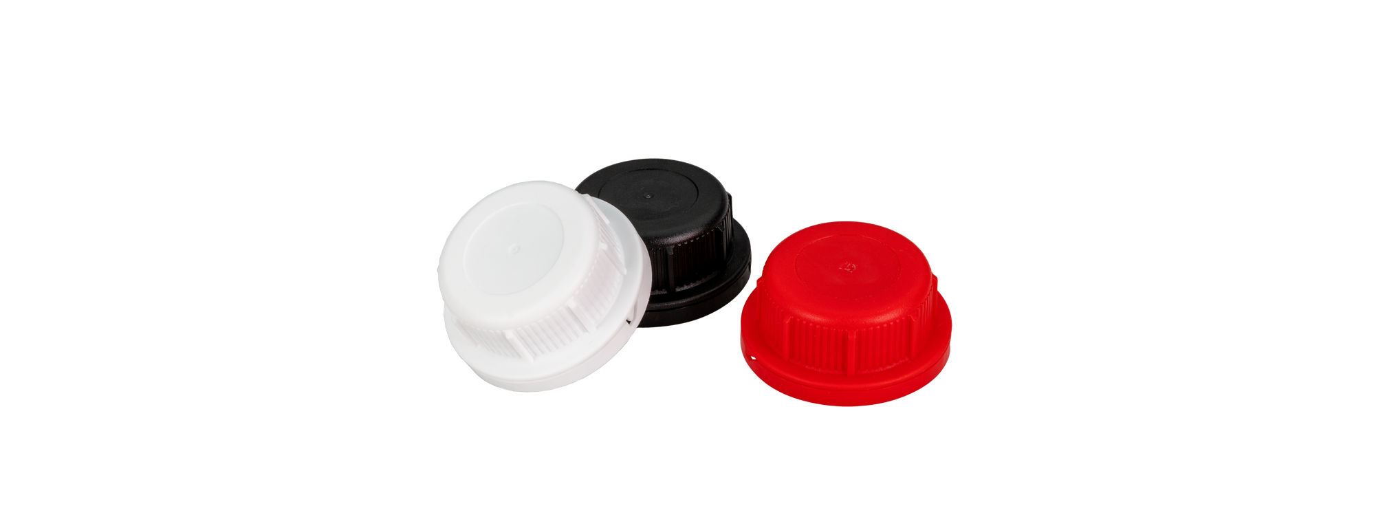 Verschiedene 45mm Verschlüsse in weiß und rot für den sicheren Verschluss von Kanistern und Industrieverpackungen