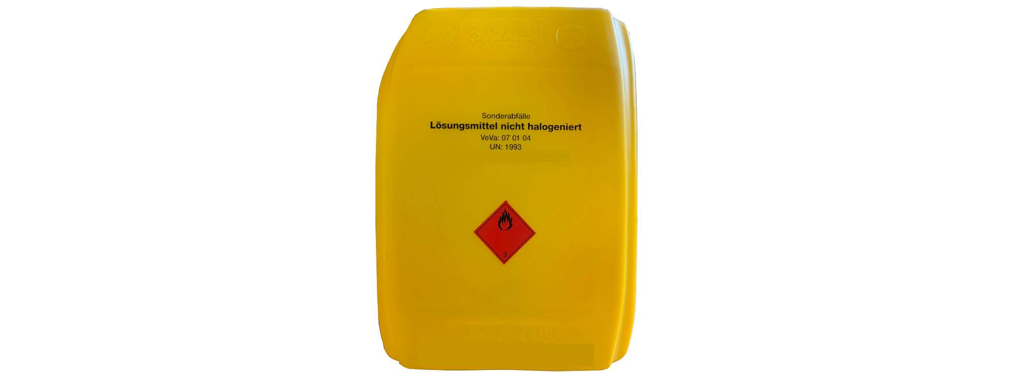 Detailansicht eines gelben Kanisters mit schwarzem Siebdruck für klare Produktkennzeichnung