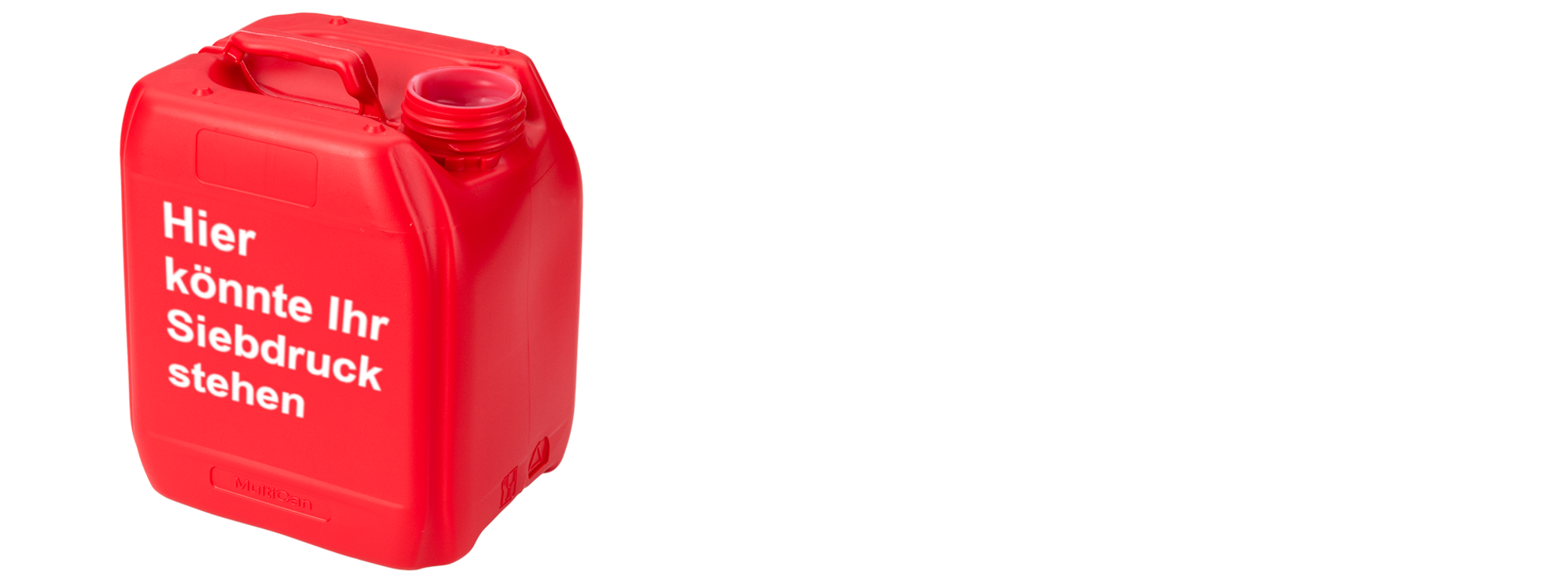 Detailansicht eines roten Kanisters mit mehrfarbigem Siebdruck für Produktkennzeichnung und Branding