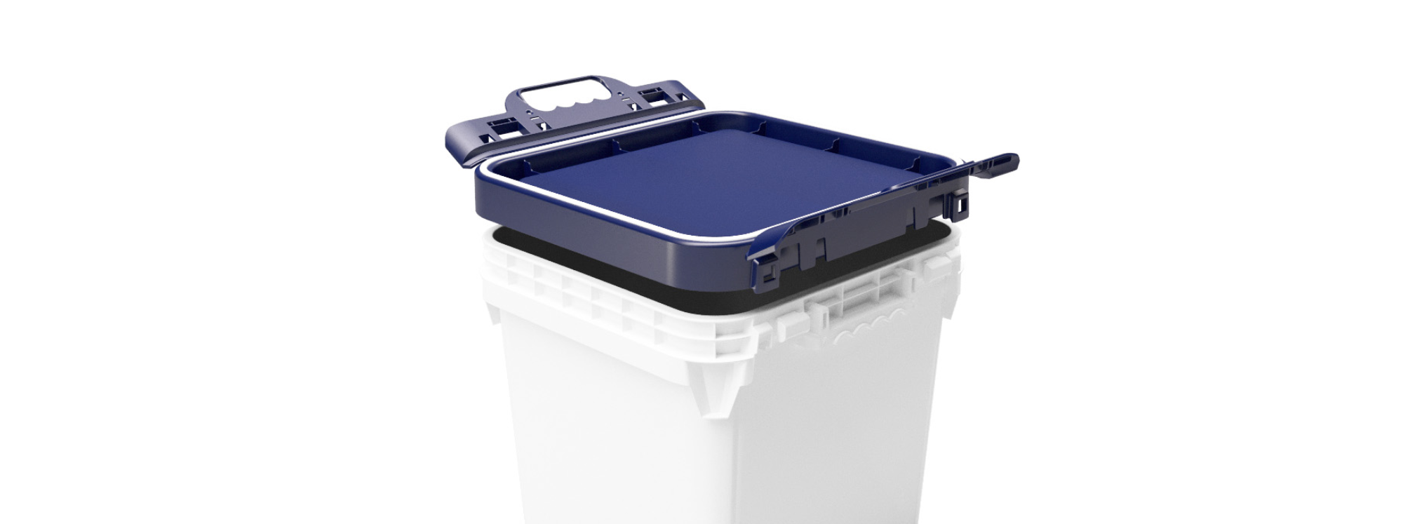 Detailansicht eines geöffneten Fold Pack Behälters mit blauem Deckel und flexiblem Faltmechanismus